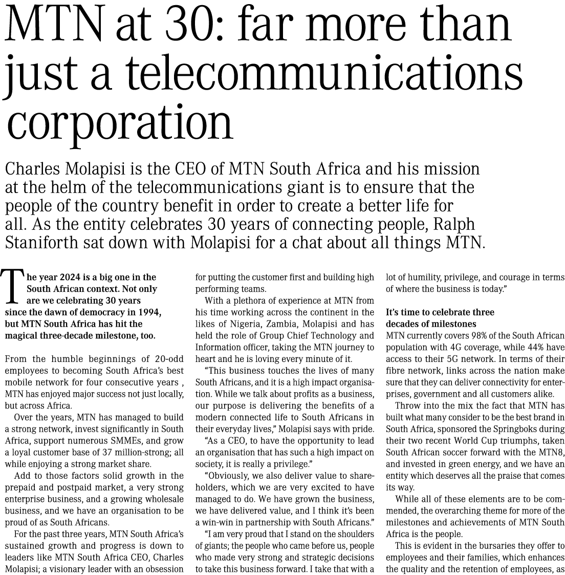MTN at 30: far more than just a telecommunications corporation Charles Molapisi is the CEO of MTN South Africa and hi...
