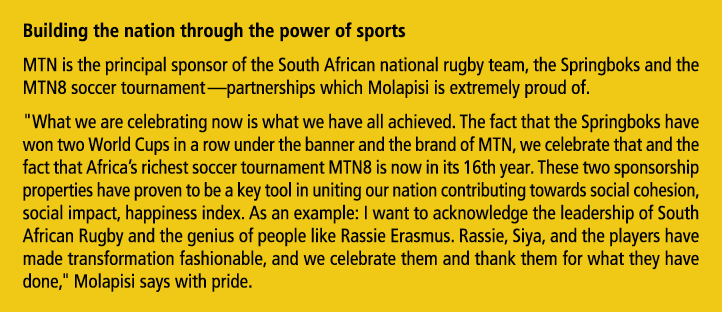 Building the nation through the power of sports MTN is the principal sponsor of the South African national rugby team...