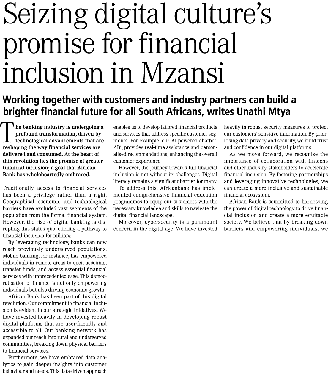 Seizing digital culture’s promise for financial inclusion in Mzansi Working together with customers and industry part...