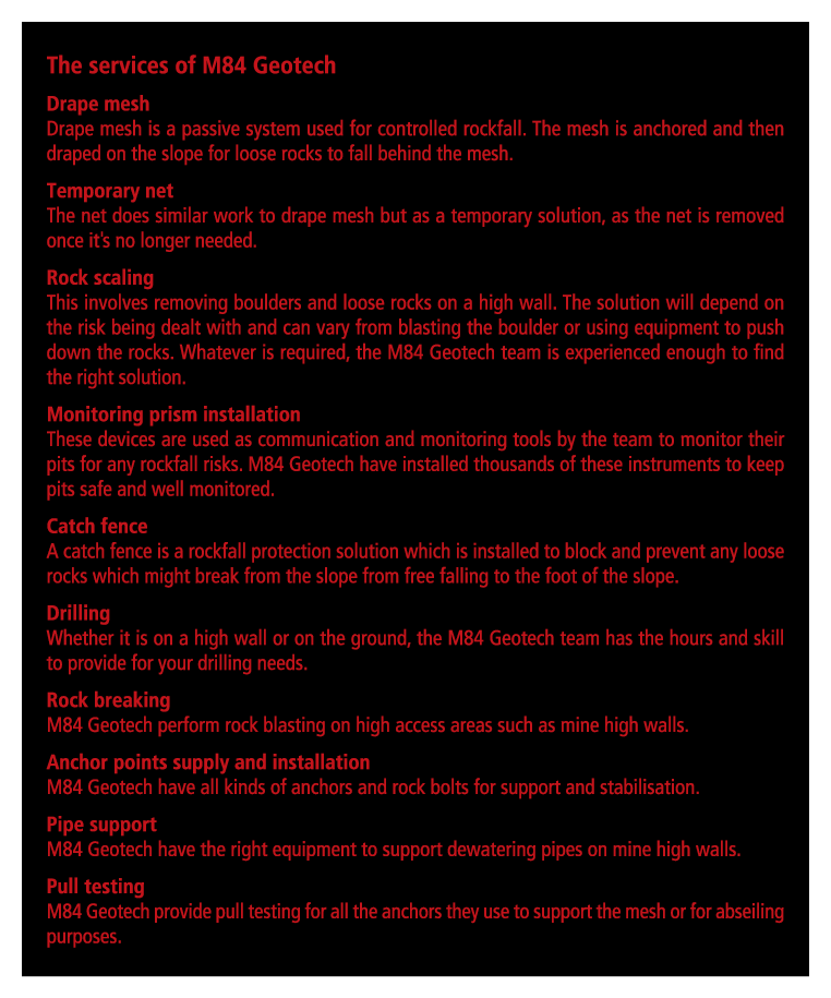 The services of M84 Geotech Drape mesh Drape mesh is a passive system used for controlled rockfall. The mesh is ancho...