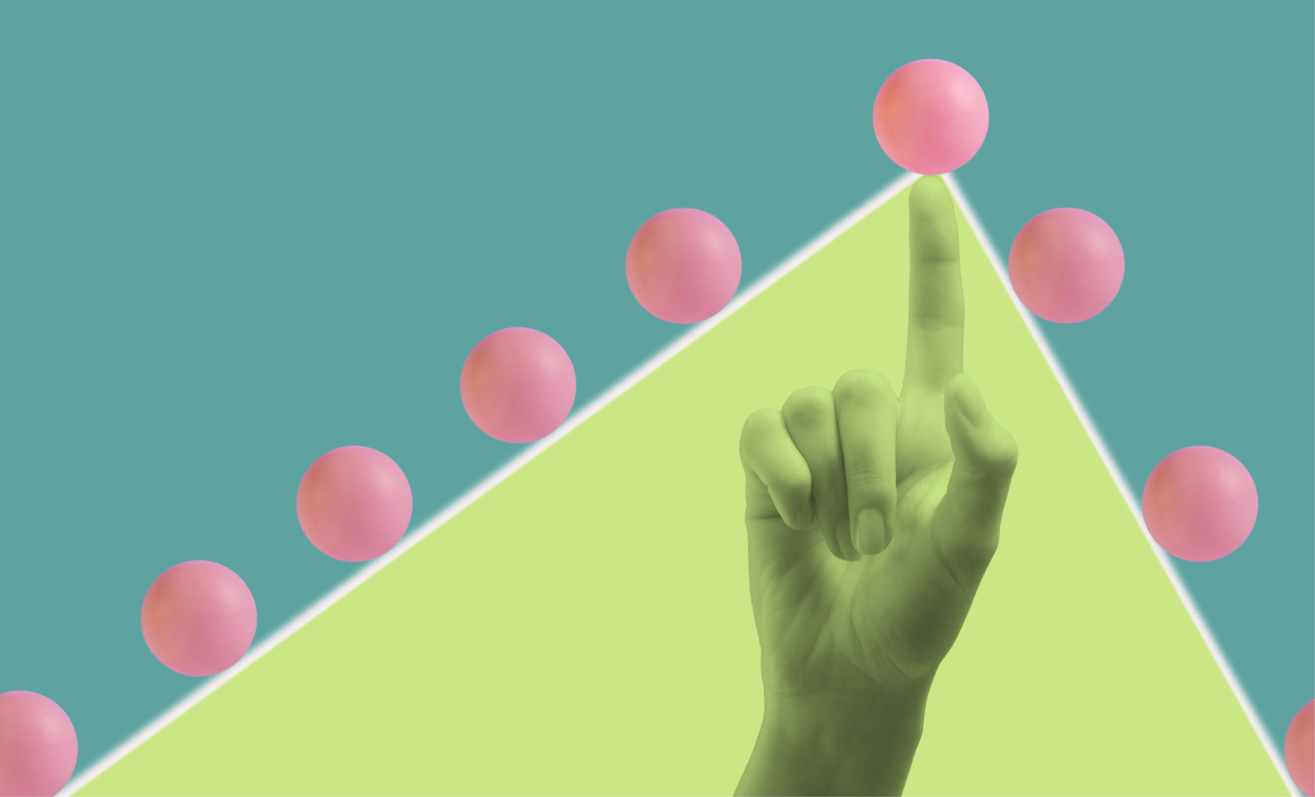 Young woman's hand pushing up pink ball in line of other balls, graphic 2 tone green background