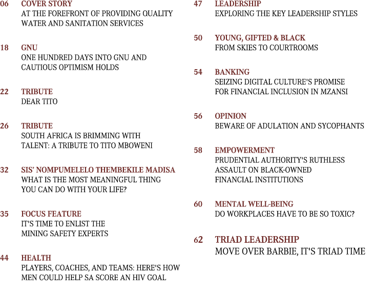 06 Cover Story At the forefront of providing quality water and sanitation services 18 GNU One hundred days into GNU...