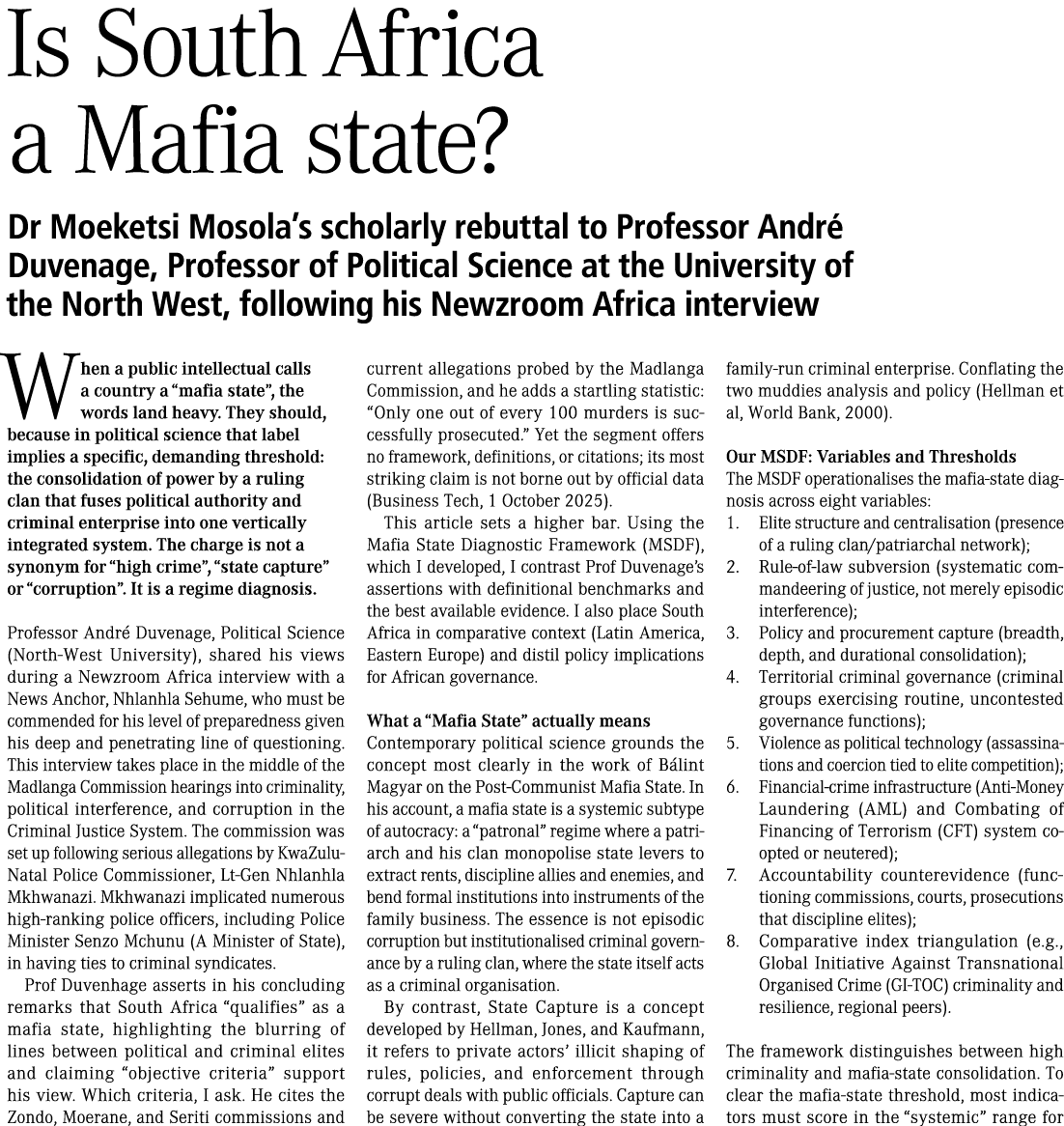 Is South Africa a Mafia state? Dr Moeketsi Mosola’s scholarly rebuttal to Professor Andr Duvenage, Professor of Poli...