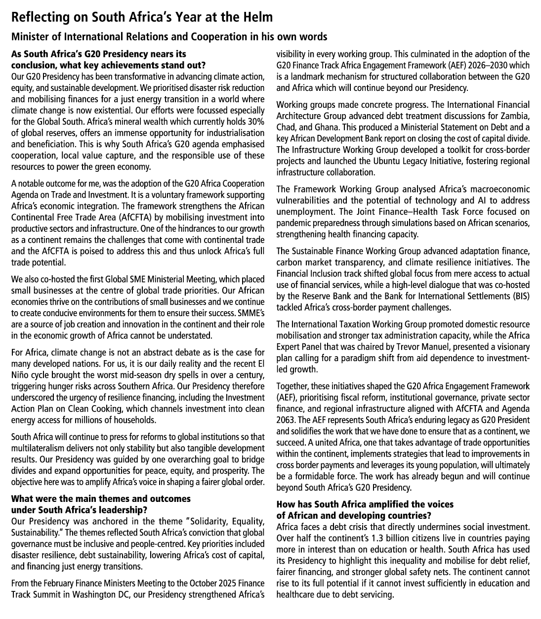 Reflecting on South Africa’s Year at the Helm Minister of International Relations and Cooperation in his own words As...