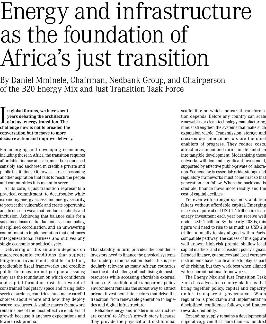 Energy and infrastructure as the foundation of Africa’s just transition By Daniel Mminele, Chairman, Nedbank Group, a...