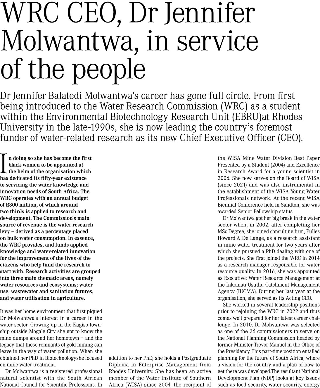 WRC CEO, Dr Jennifer Molwantwa, in service of the people Dr Jennifer Balatedi Molwantwa’s career has gone full circle...