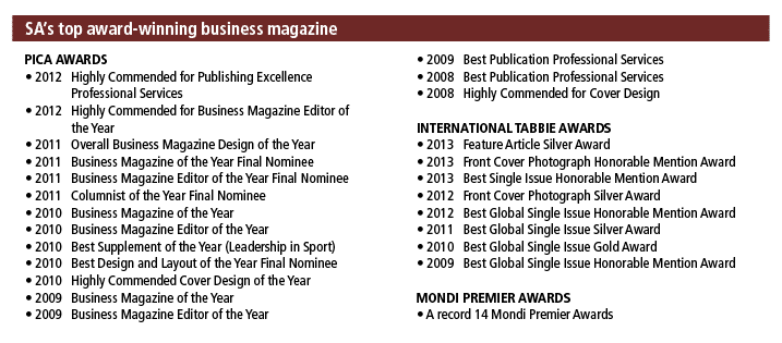 SA’s top award winning business magazine PICA AWARDS • 2012 Highly Commended for Publishing Excellence Professional S...