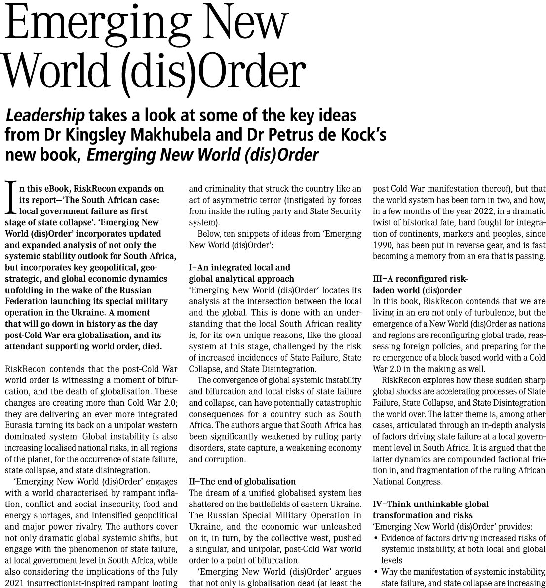 Emerging New World (dis)Order Leadership takes a look at some of the key ideas from Dr Kingsley Makhubela and Dr Petr...