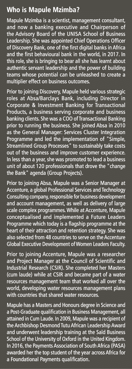 Who is Mapule Mzimba? Mapule Mzimba is a scientist, management consultant, and now a banking executive and Chairperso...