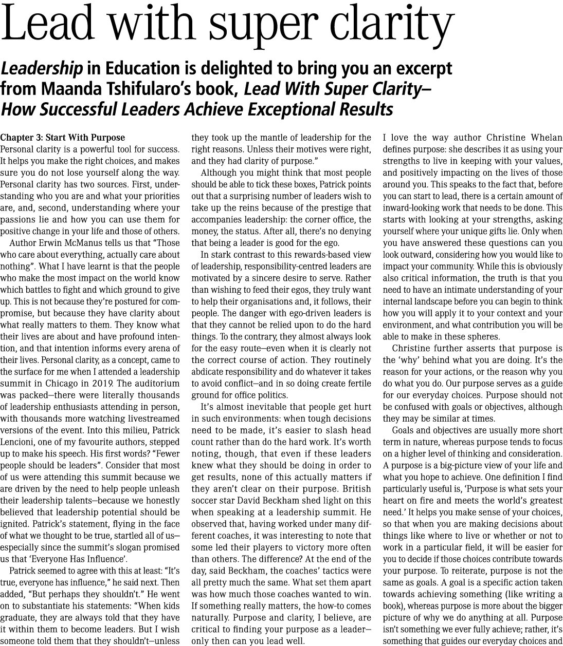 Lead with super clarity Leadership in Education is delighted to bring you an excerpt from Maanda Tshifularo’s book, L...