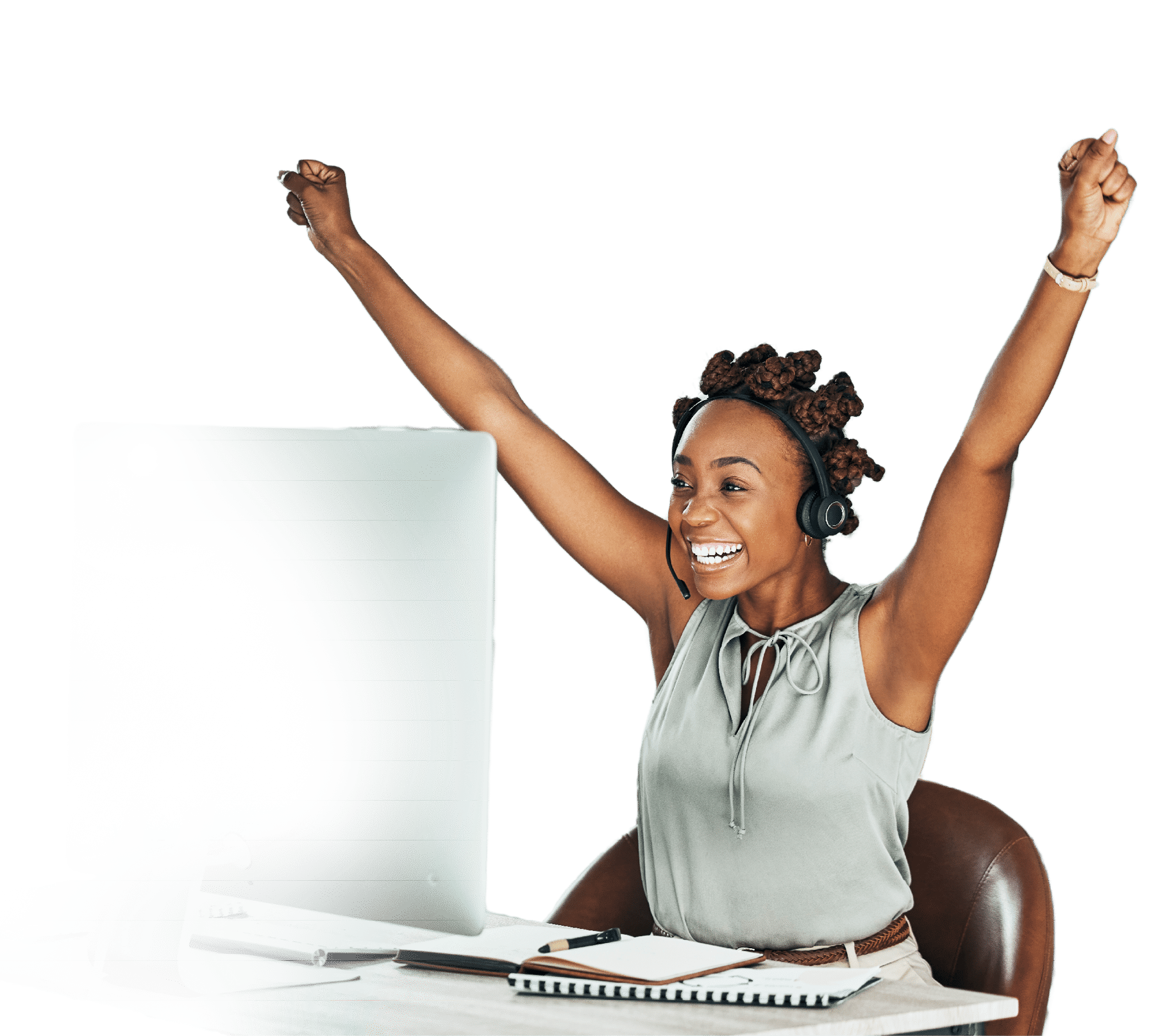 Call centre, cheerful and agent celebrating with arms up at her office desk. Successful, professional and positive customer review or bonus. Helpdesk worker excited with salary performance increase.