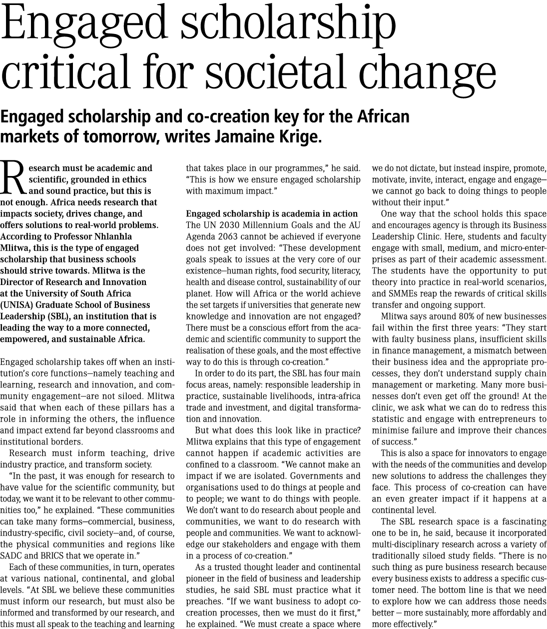 Engaged scholarship critical for societal change Engaged scholarship and co creation key for the African markets of t...