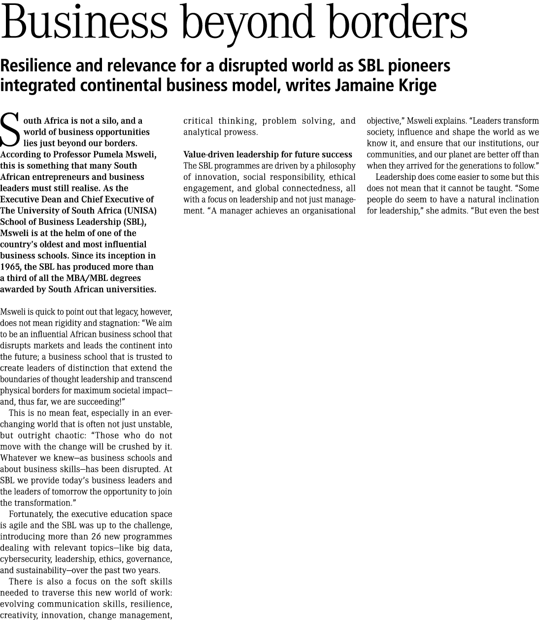 Business beyond borders Resilience and relevance for a disrupted world as SBL pioneers integrated continental busines...