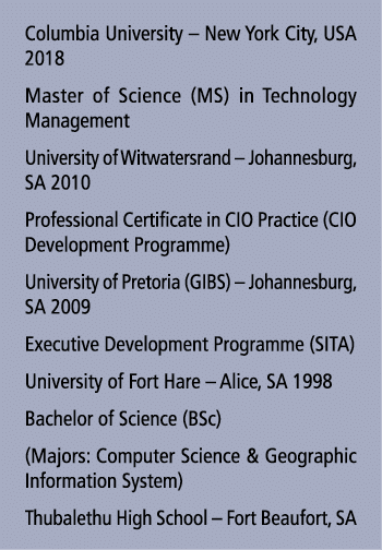 Columbia University – New York City, USA 2018 Master of Science (MS) in Technology Management University of Witwaters...