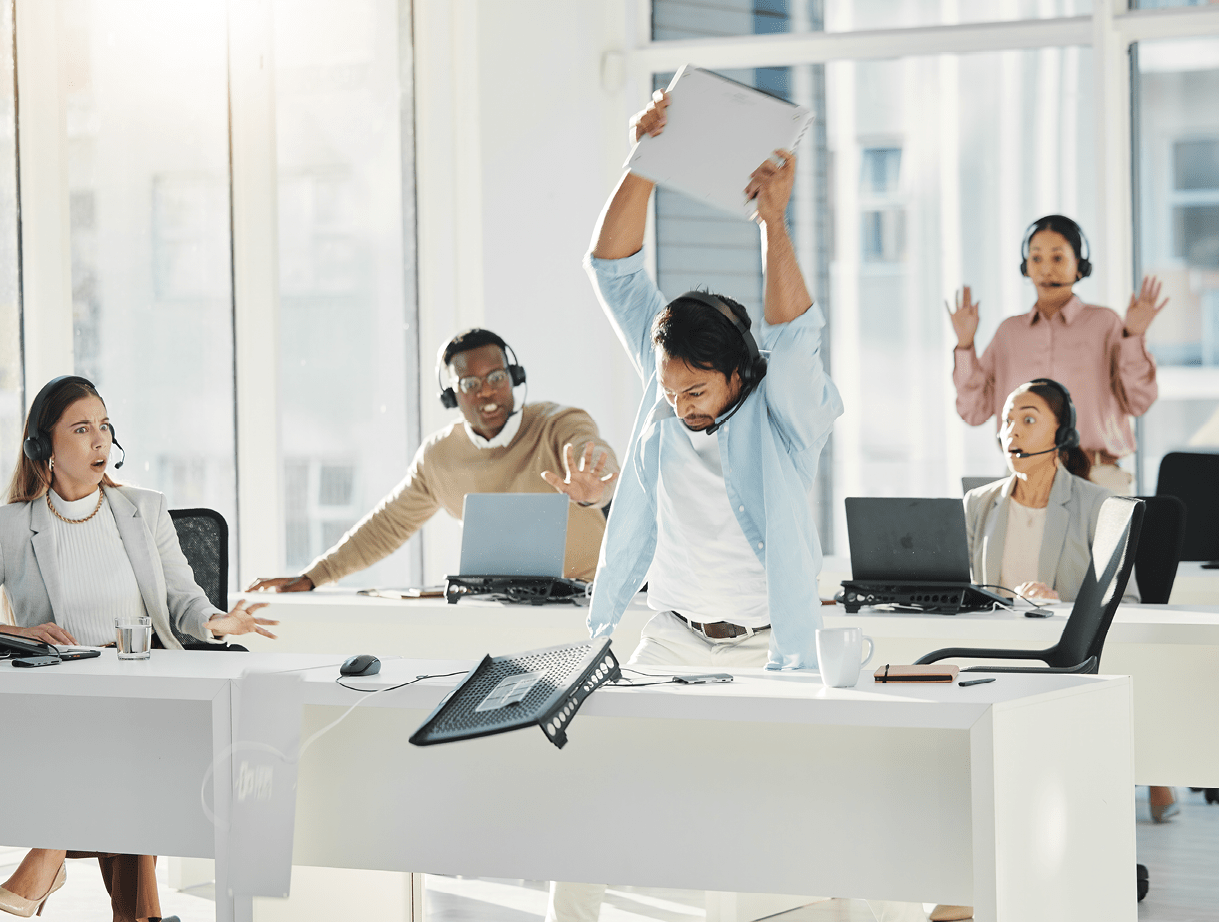 Anger, business and smash laptop with man, stress and frustrated with anxiety, crisis and damage. Person, employees and professional with a pc, mental health and breakdown with emotion and problem