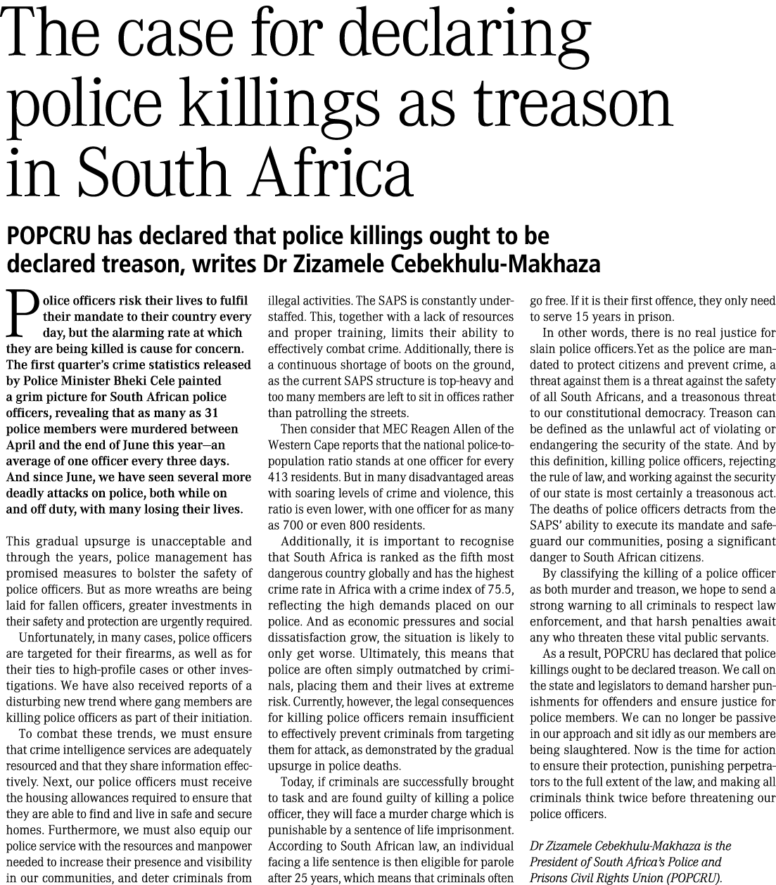 The case for declaring police killings as treason in South Africa POPCRU has declared that police killings ought to b...