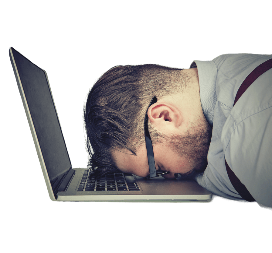 Side view of chubby man looking broken while lying on top of laptop.