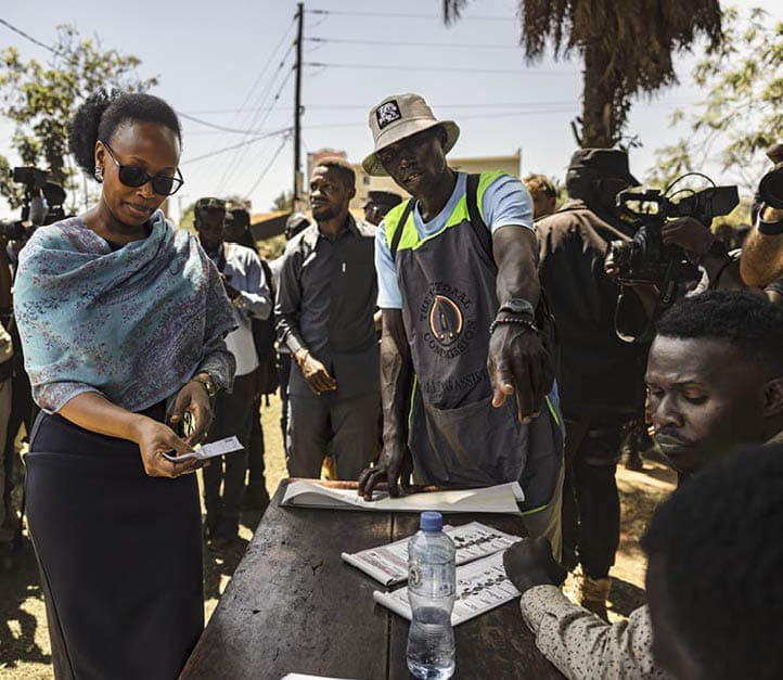 KAMPALA, UGANDA - JANUARY 15:  Barbie Itungo Kyagulanyi, wife of Bobi Wine, arrives at a polling station to vote during Uganda's general elections  on January 15, 2026 in Magere village, Wakiso District, Kampala, Uganda. Incumbent President Yoweri Museveni will seek a seventh consecutive term in office as the presidential nominee for the National Resistance Movement (NRM). The 81-year-old has ruled the country for nearly 40 years since ousting the former military regime during an armed uprising in 1986. He will face-off against seven presidential candidates, including rival Bobi Wine, a 43-year-old singer turned politician.  (Photo by Michel Lunanga/Getty Images)