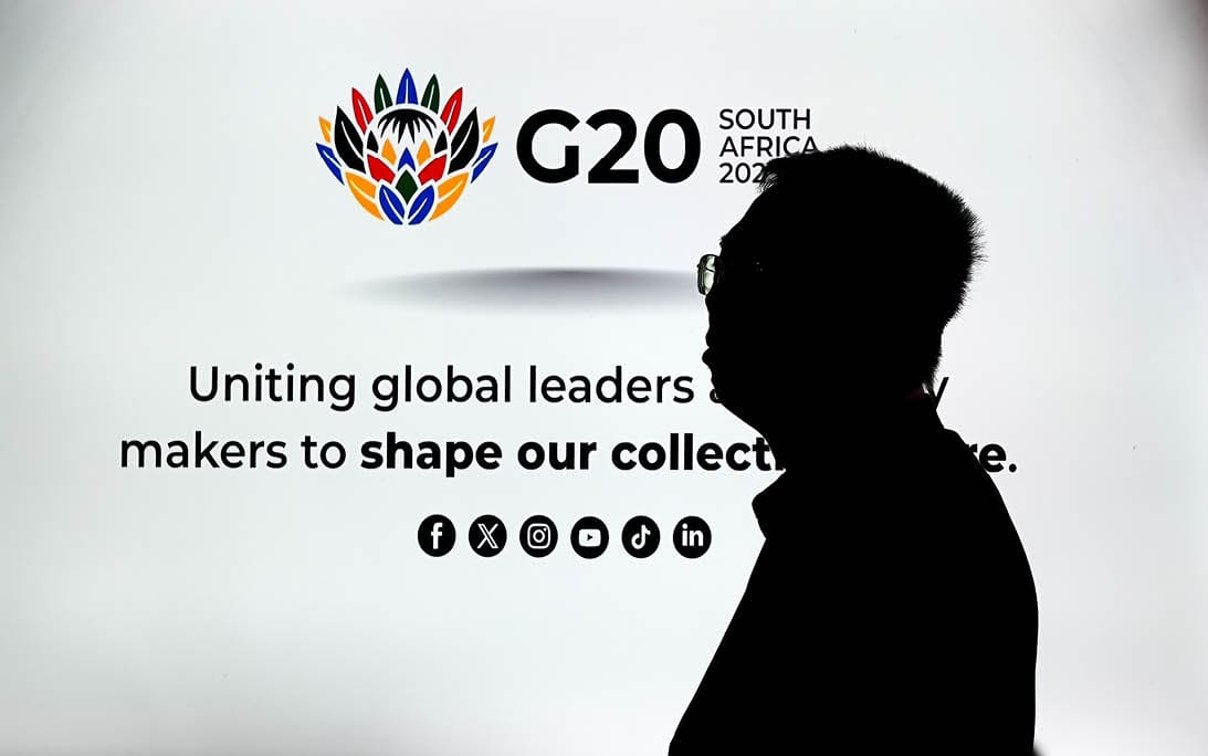 JOHANNESBURG, SOUTH AFRICA - NOVEMBER 22: The G20 Leaders' Summit begins with an official welcoming ceremony under the theme of &ldquo;Solidarity, Equality, Sustainability," in Johannesburg, South Africa on November 22, 2025. Numerous national and international media outlets covering the summit are relaying developments at the summit to their viewers and readers from the press center. (Photo by Ercin Erturk/Anadolu via Getty Images)