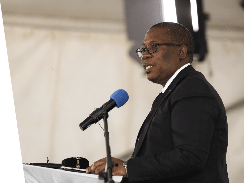 JOHANNESBURG, SOUTH AFRICA - JULY 06: Panyaza Lesufi (Premier of Gauteng) during the funeral service of former Minister in the Presidency and anti-apartheid veteran Essop Pahad at Westpark Cemetery on July 06, 2023 in Johannesburg, South Africa. It is reported that Pahad died in his sleep on July 5th at the age of 84. (Photo by Luba Lesolle/Gallo Images via Getty Images)