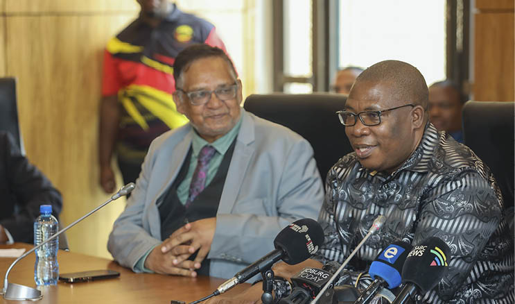 JOHANNESBURG, SOUTH AFRICA - JANUARY 30: Gauteng Education MEC Panyaza Lesufi and Ganief Hendricks (founder and leader of Al Jama-Ah) at the swearing in ceremony of the new executive mayor of the City of Johannesburg on January 30, 2023 in Johannesburg, South Africa. Amad became mayor after the  Democratic Alliance?s (DA) Mpho Phalatse was removed during a motion of no confidence. (Photo by Papi Morake/Gallo Images via Getty Images)