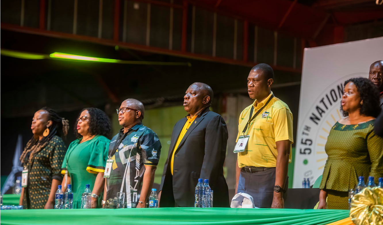 JOHANNESBURG, SOUTH AFRICA - DECEMBER 20: From left: Maropene Ramkgopa, Nomvula Mokoyane, Fikile Mbalula, President Cyril Ramaphosa, Paul Mashatile and Gwen Ramokgopa, newly elected top 7, during the closing of  the 55th National Conference of the African National Congress (ANC) on Day 05 on December 20, 2022 in Johannesburg, South Africa. The conference elects the party's 80-member National Executive Committee and its top six leaders, including the president. (Photo by Alet Pretorius/Gallo Images via Getty Images)