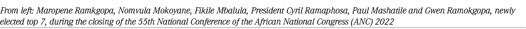 From left: Maropene Ramkgopa, Nomvula Mokoyane, Fikile Mbalula, President Cyril Ramaphosa, Paul Mashatile and Gwen Ra...