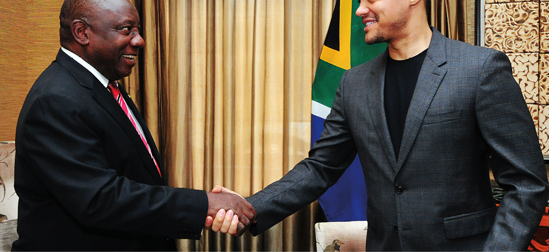 President Cyril Ramaphosa receives a courtesy call from renowned comedian Trevor Noah, ahead of his oral reply to questions in the National Assembly in Cape Town. They discussed a wide range of issues, including the impressive philanthropic work that Trevor’s Foundation is doing in supporting orphans and young people with education and life skills.   The President applauds Trevor for flying the South African flag high from abroad with the notable work he is doing in his career as a comedian and television host. South Africa. 07/03/19. Siyabulela Duda