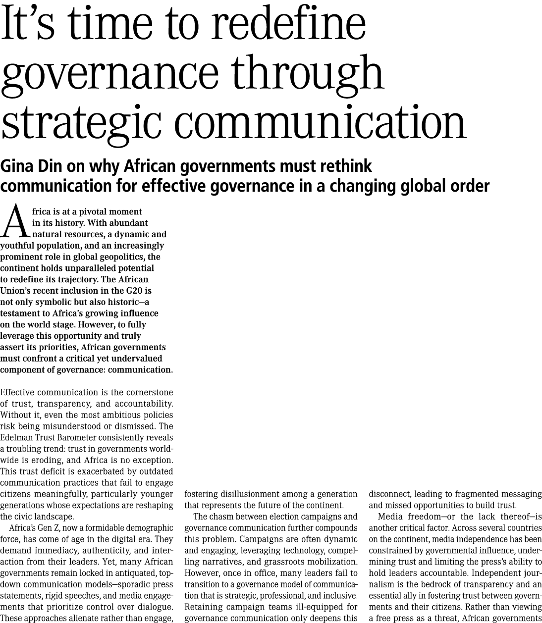 It’s time to redefine governance through strategic communication Gina Din on why African governments must rethink com...