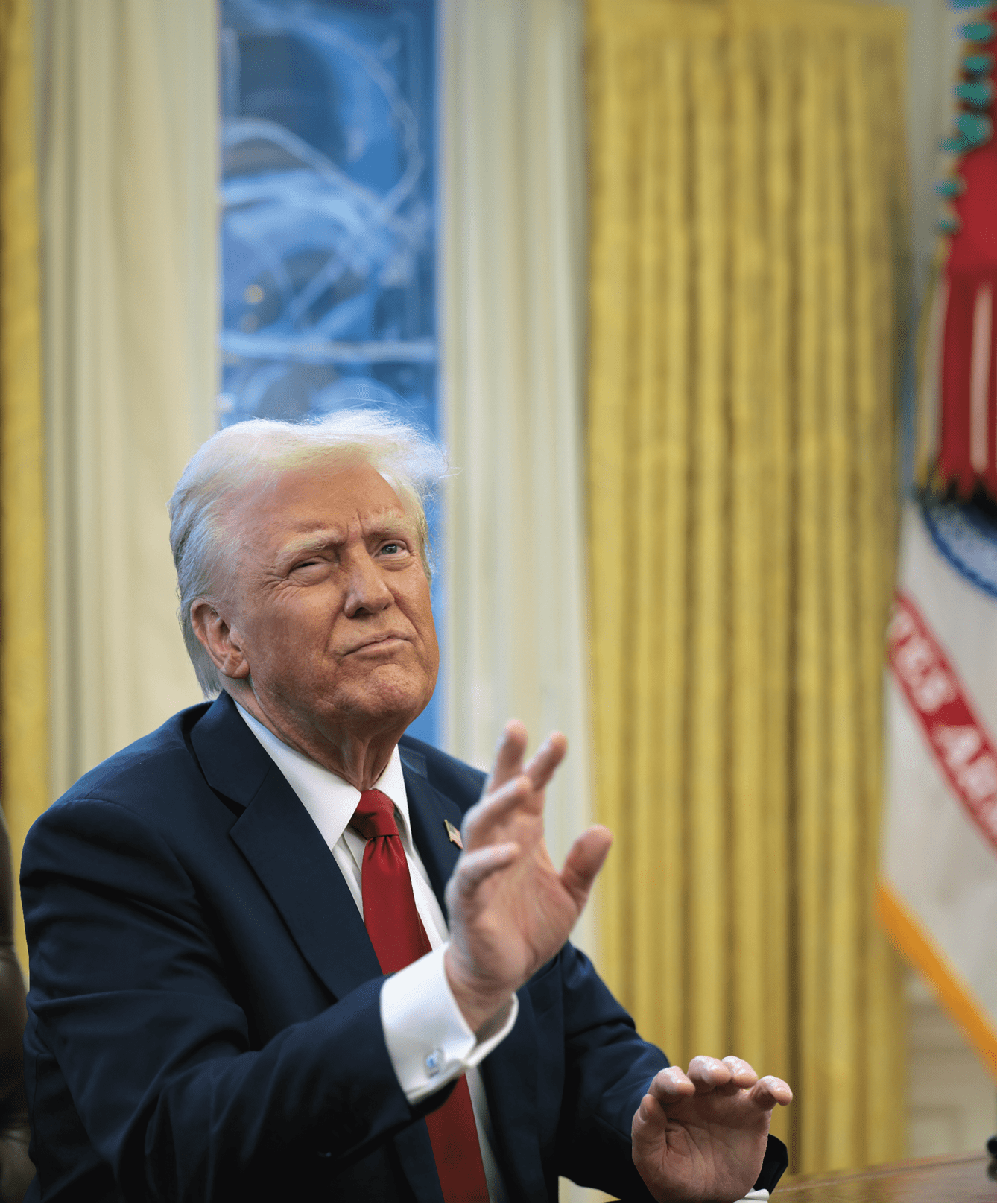 WASHINGTON, DC - JANUARY 30: U.S. President Donald Trump reacts to a reporter's question from the Resolute Desk after signing an executive order to appoint the deputy administrator of the Federal Aviation Administration in the Oval Office at the White House on January 30, 2025 in Washington, DC. Trump also signed a memorandum ordering an immediate assessment of aviation safety and ordering an elevation of what he called “competence” over “D.E.I.” (Photo by Chip Somodevilla/Getty Images)