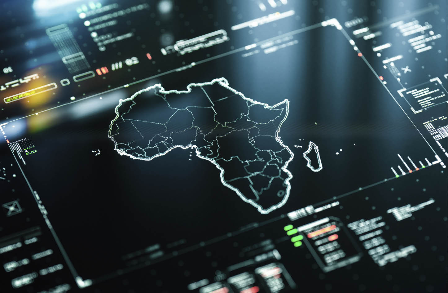 Outline map of Africa infographics with data charts representing communication, internet and technology