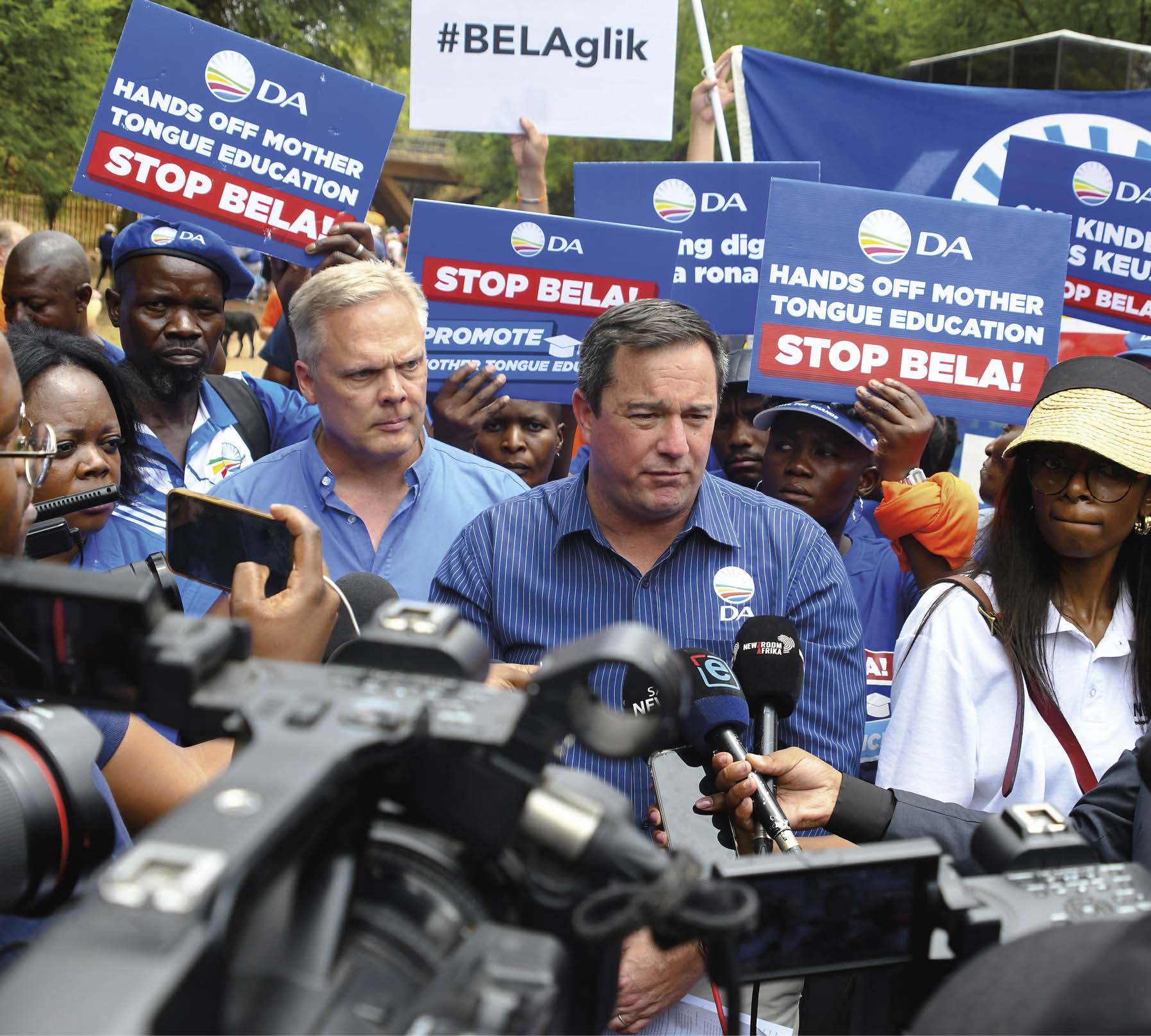 PRETORIA, SOUTH AFRICA - NOVEMBER 05: John Steenhuisen Minister of Agriculture of South Africa protest against the implementation of the BELA Act on November 05, 2024 in Pretoria, South Africa. The group protested against Sections 5 and 6 of the Basic Education Laws Amendment Act 32 of 2024 (Bela Act), which is set to deprive school governing bodies of the final decision-making powers over schools? admission and language policies. (Photo by Frennie Shivambu/Gallo Images via Getty Images)