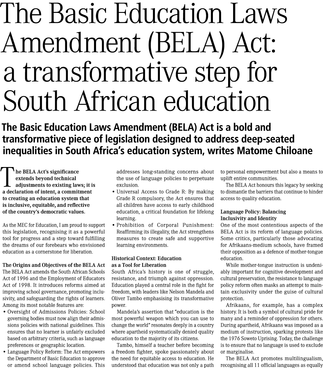 The Basic Education Laws Amendment (BELA) Act: a transformative step for South African education The Basic Education ...