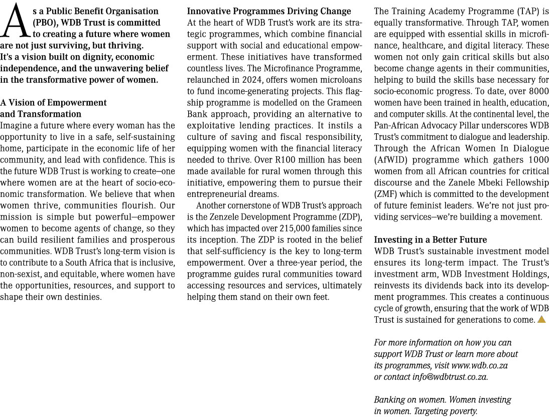 As a Public Benefit Organisation (PBO), WDB Trust is committed to creating a future where women are not just survivin...