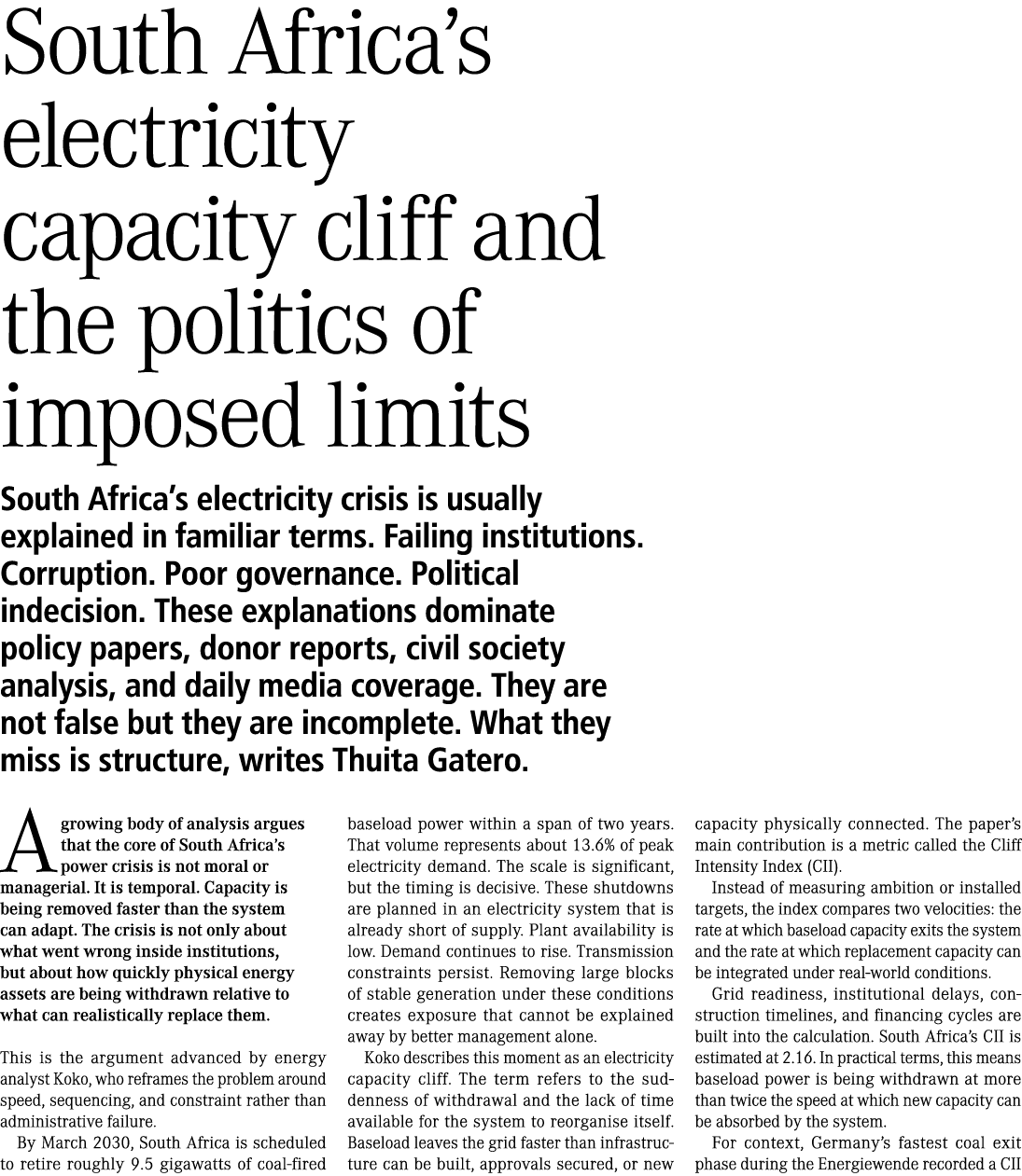 South Africa&rsquo;s electricity capacity cliff and the politics of imposed limits South Africa&rsquo;s electricity crisis is usu...