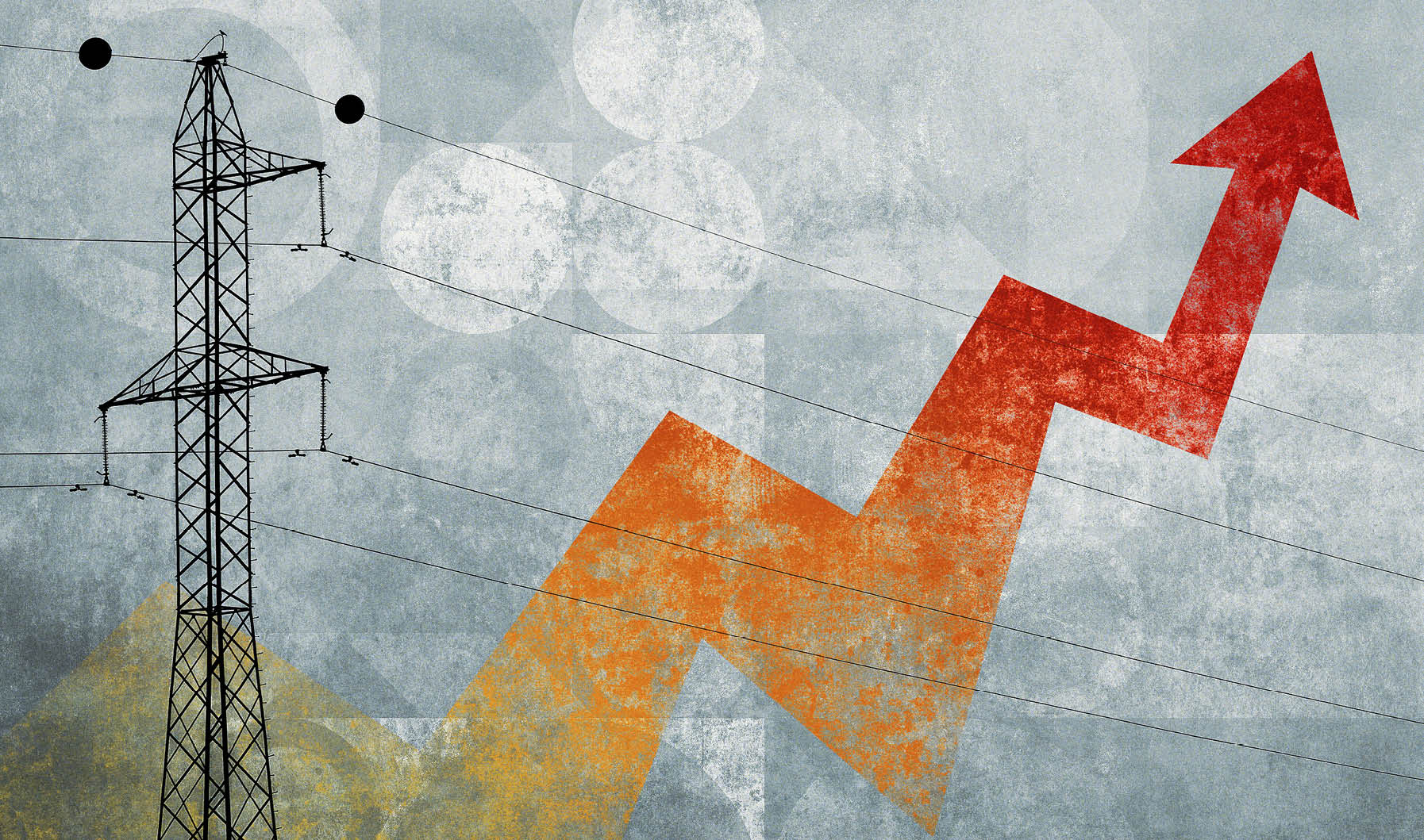 An illustration of an electricity transmission tower with power lines, accompanied by a rising red and orange arrow symbolizing increasing electricity prices or growing energy demand. The textured background enhances the industrial and financial theme.