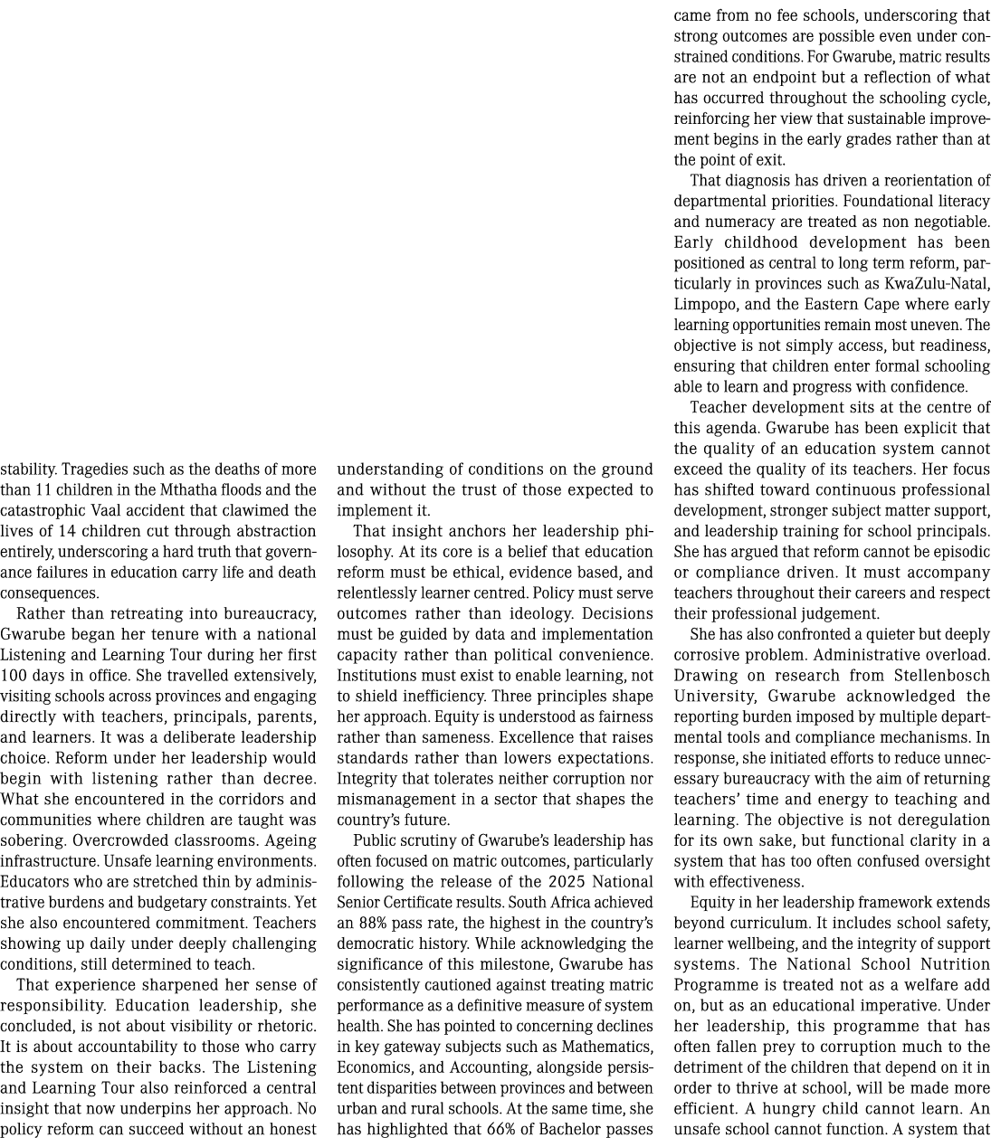 stability. Tragedies such as the deaths of more than 11 children in the Mthatha floods and the catastrophic Vaal acci...