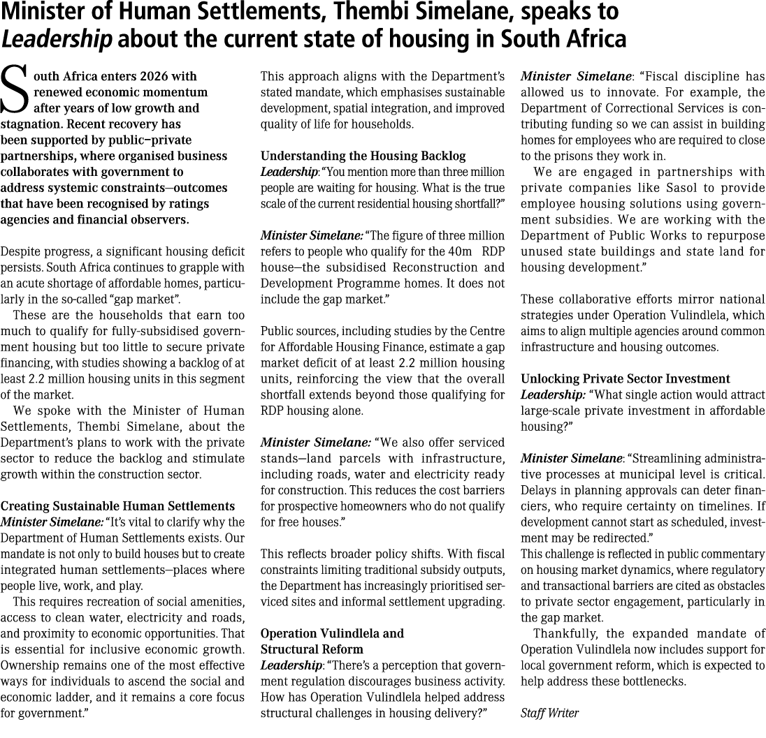 Minister of Human Settlements, Thembi Simelane, speaks to Leadership about the current state of housing in South Afri...