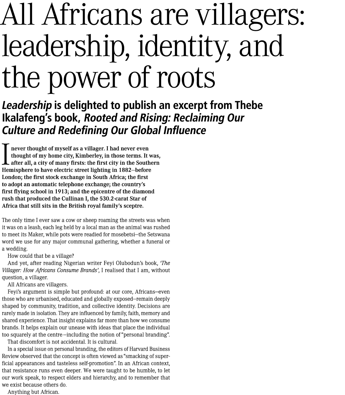 All Africans are villagers: leadership, identity, and the power of roots Leadership is delighted to publish an excerp...