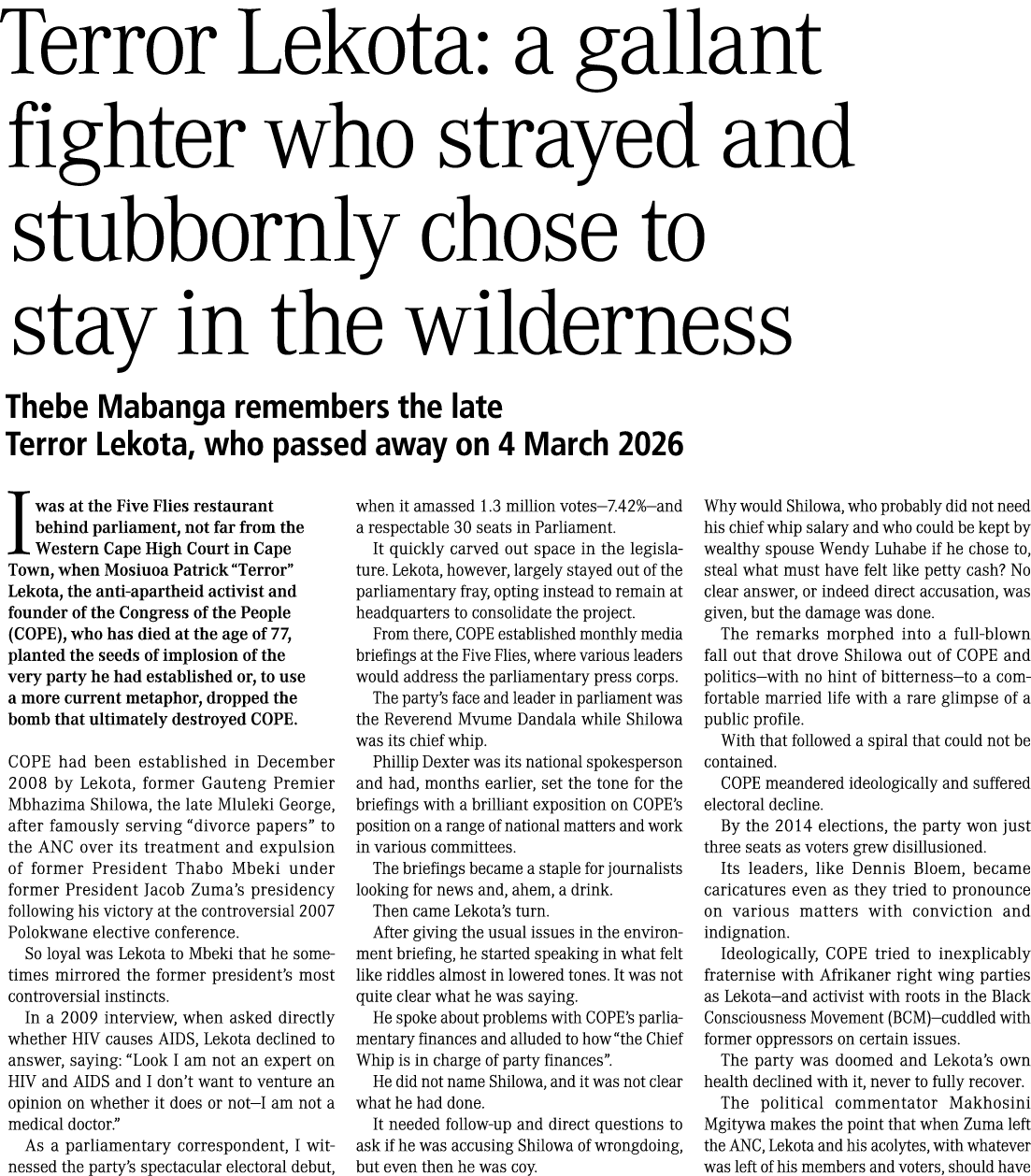 Terror Lekota: a gallant fighter who strayed and stubbornly chose to stay in the wilderness Thebe Mabanga remembers t...