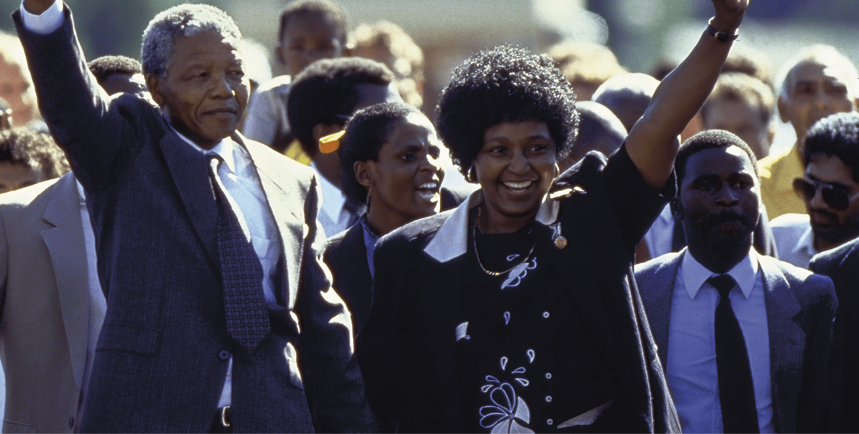 ANC ldr. Nelson Mandela and wife Winnie raising fists upon his release from Victor Verster prison after 27 yrs.   (Photo by Allan Tannenbaum/Getty Images)
