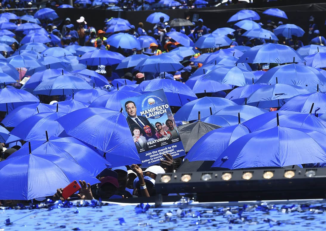 PRETORIA, SOUTH AFRICA - FEBRUARY 17: DA Supporters during the Democratic Alliance (DA) National Manifesto Launch at Union Buildings on February 17, 2024 in Pretoria, South Africa. The manifesto launch provided a platform for the DA to outline its intentions, motives, and policies ahead of the 2024 national and provincial polls. (Photo by Lefty Shivambu/Gallo Images via Getty Images)