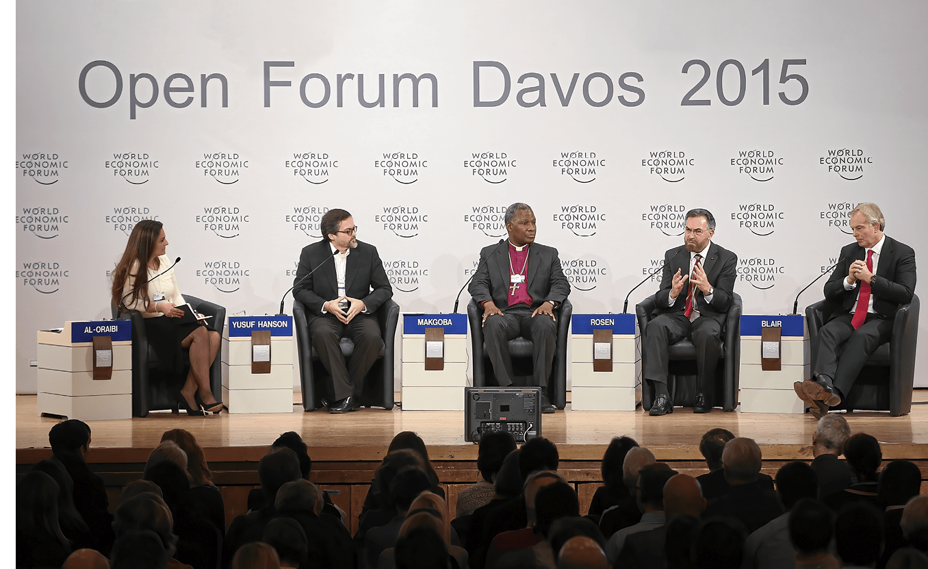 DAVOS/SWITZERLAND, 21JAN15 - (FLTR) Mina Al-Oraibi , Assistant Editor-in-Chief, Asharq Al-Awsat Newspaper, United Kingdom; Young Global Leader; Global Agenda Council on the Middle East and North Africa; Hamza Yusuf Hanson, President, Zaytuna College, USA; Thabo Cecil Makgoba, Archbishop and Metropolitan of the Anglican Church of Southern Africa, South Africa; David Rosen, Rabbi and International Director, Interreligious Affairs, American Jewish Committee (AJC), Israel Tony Blair, Middle East Quartet Representative are captured during the Open Forum 'Religion: A Pretext for Conflict?' at the Swiss Alpine School (SAMD) during the Annual Meeting 2015 of the World Economic Forum in Davos, January 21, 2015.  WORLD ECONOMIC FORUM/swiss-image.ch/Photo Valeriano DiDomenico
