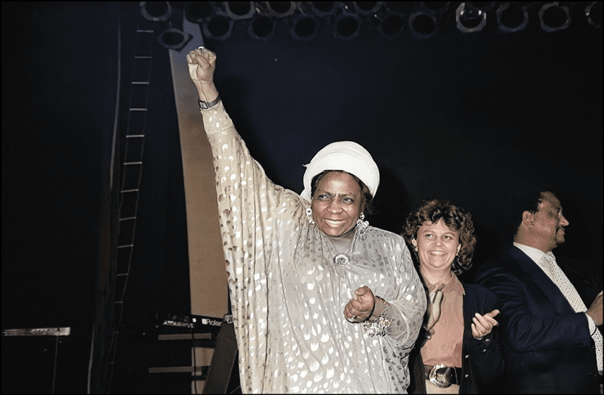 Adelaide Tambo appears on stage at the Dance Mandela Concert, Brixton Academy, London , United Kingdom, 1990. (Photo by Martyn Goodacre/Getty Images)