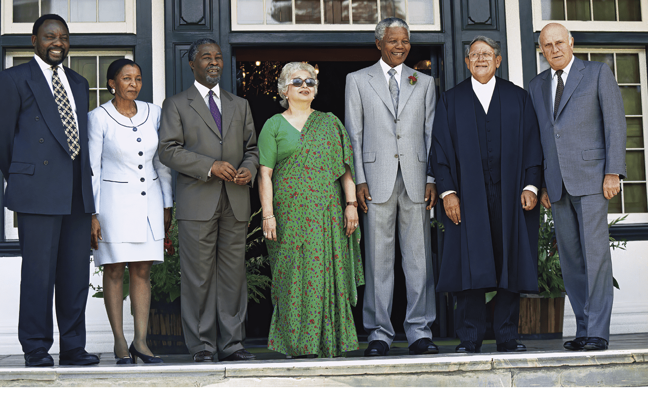 CAPE TOWN, SOUTH AFRICA - 1996: (SOUTH AFRICA OUT): Cyril Ramaphosa, Zanele Mbeki, Thabo Mbeki, Frene Ginwala, Nelson Mandela and FW De Klerk at the opening of Parliament in Cape Town, South Africa. (Photo by Foto24/Gallo Images/Getty Images)