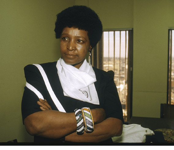Portrait of Winnie Mandela, wife of Nelson Mandela, South African leader of the A.N.C. (African National Congress) who has been in jail for 23 years for opposing the government. (Photo by Bernard Bisson/Sygma via Getty Images)