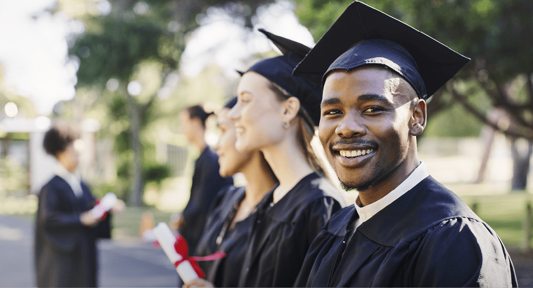 Portrait university student, black man and graduation celebration, event and achievement of goals, education success and motivation. Happy, excited and smile african college graduate celebrate future
