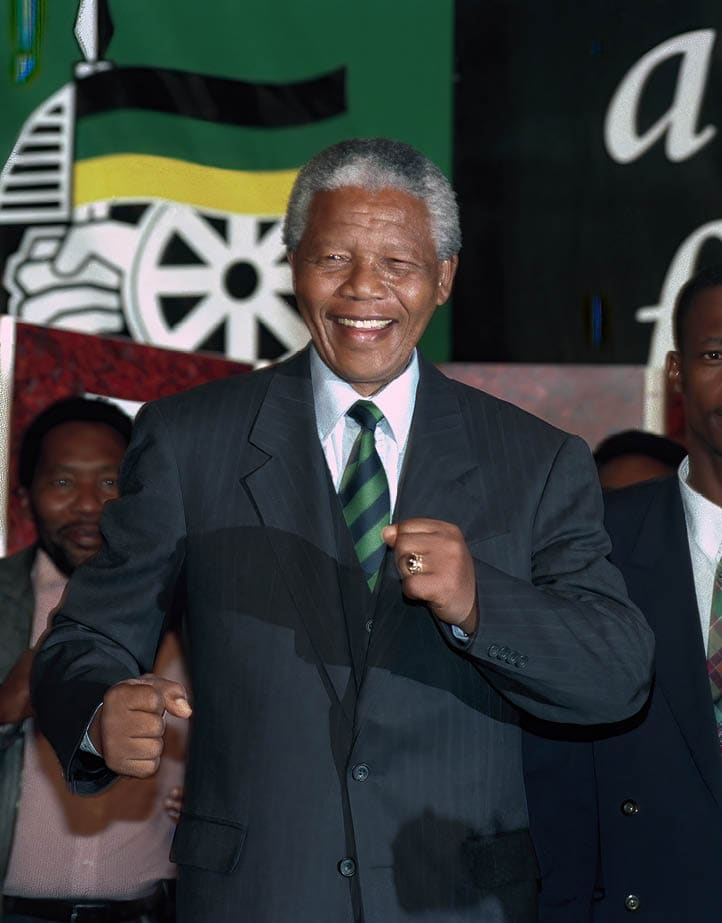 383912 14: Former President Nelson Mandela of South Africa at the ANC victory party on May 2, 1994 at Carlton Hotel in Johannesburg. He celebratated victory in the first democratic election in South Africa in 1994. Mr mandela retired after one 5-year term in 1999. (Photo by Per-Anders Pettersson/ Liaison Agency)
