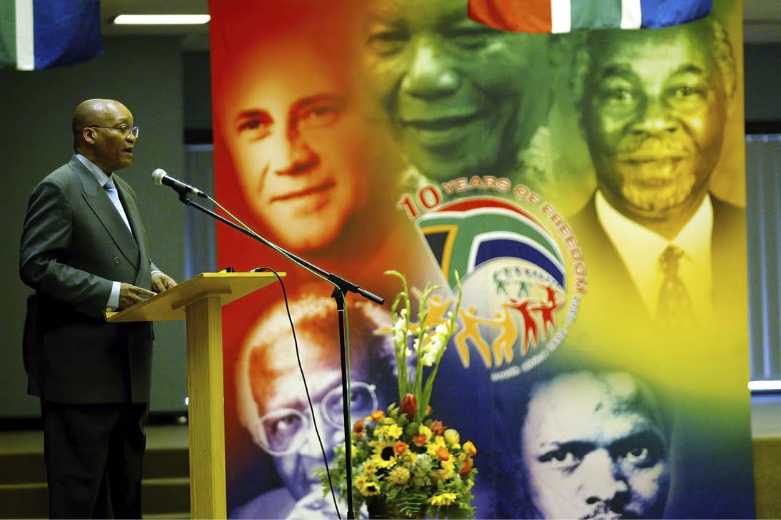 SOUTH AFRICA - OCTOBER 19: South Africa, Western Cape, Cape Town. Deputy President, Jacob Zuma making a speech, while standing in front of the 10 years of democracy banner.  (Photo by Media24/Gallo Images/Getty Images)