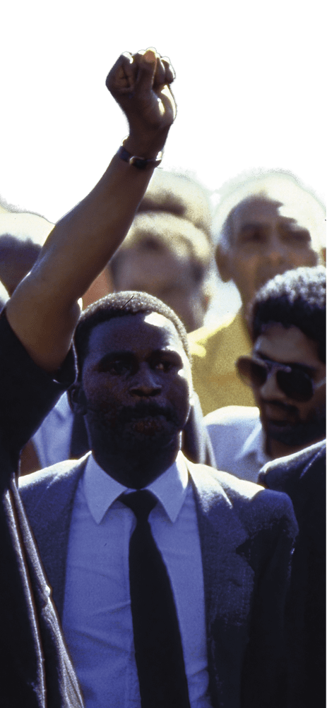 ANC ldr. Nelson Mandela and wife Winnie raising fists upon his release from Victor Verster prison after 27 yrs.   (Photo by Allan Tannenbaum/Getty Images)